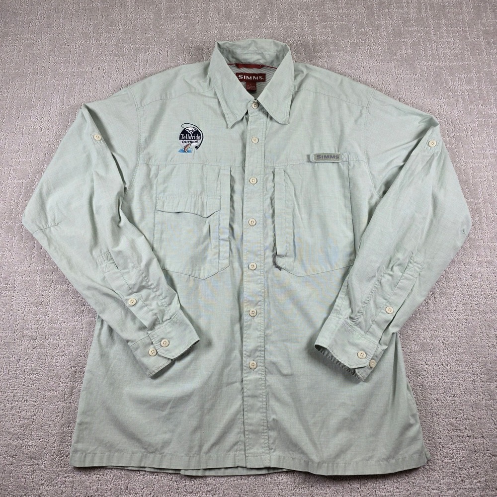 Simms COR3 Fishing Shirt Mens Large Green Telluride Outside Roll Tab Long Sleeve